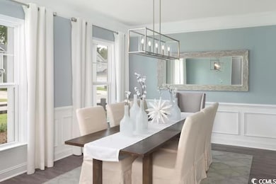Dining space with a decorative wall, wood finished