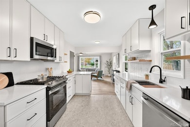 Fabulous updated kitchen with brand new cabinets, quartz counters, SS appliances, custom oak open shelving and pencil tile - as functional as it is cute!