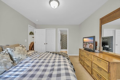 Carpeted bedroom with a closet