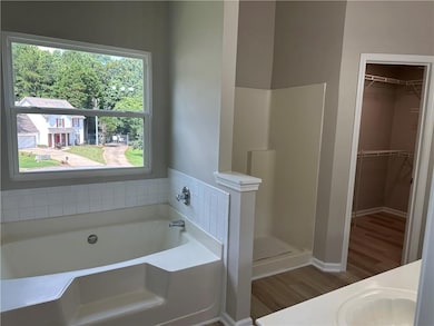 Full bathroom with a walk in closet, a garden tub, wood finished floors, vanity, and a shower stall