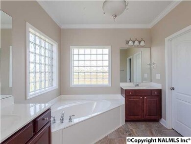 Natural light floods this glamorous bathroom with split vanities, 6ft. garden tub, & spacious cultured marble shower.  Photo is representative of owner's retreat bath layout.