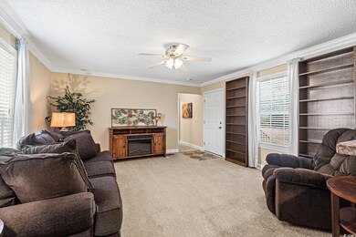 Living room featuring ceiling fan, light colored c
