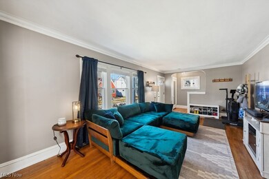 Living room with dark hardwood / wood-style flooring and ornamental molding