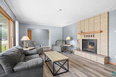Living area with wood finished floors, a fireplace, ornamental molding, and a baseboard radiator