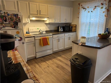 Kitchen featuring light wood-style flooring, exhaust hood, white cabinets, and white appliances