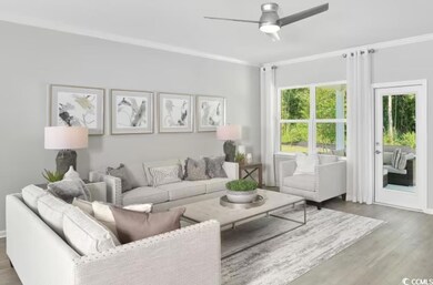 Living room featuring dark wood-type flooring, cro