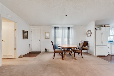 Dining space featuring a textured ceiling, carpet floors, and ornamental molding