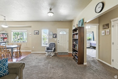 Living room featuring a textured ceiling and carpet