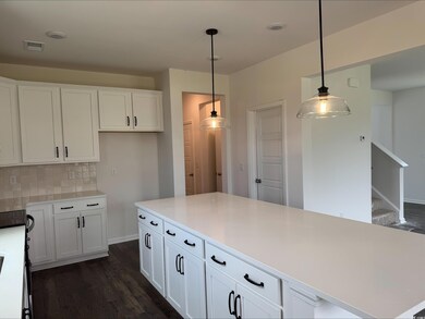 Kitchen with white cabinetry, dark wood-type flooring, backsplash, hanging light fixtures, and light countertops