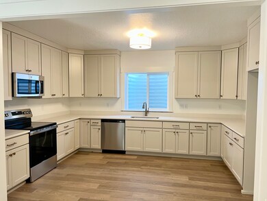 Kitchen featuring appliances with stainless steel finishes, light wood-style floors, a textured ceiling, and white cabinetry