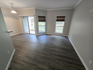 Empty room with plenty of natural light, dark woo