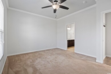 Carpeted spare room with ceiling fan, ornamental m