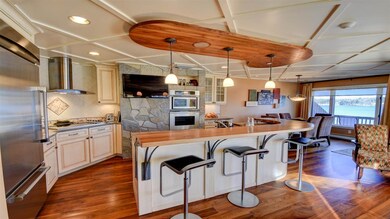 Large center island and distinctive ceiling lights