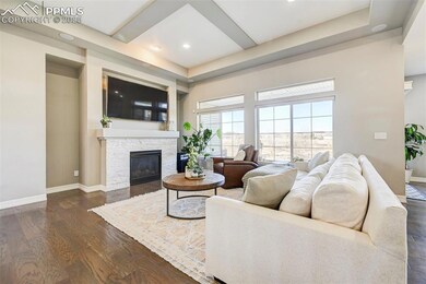 Living room with dark wood-type flooring, a firepl