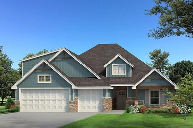 Craftsman house with a front yard, concrete driveway, a garage, board and batten siding, and brick siding