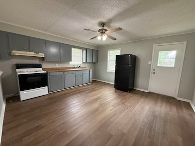 Kitchen with a sink, gray cabinets, ornamental molding, range with electric stovetop, and freestanding refrigerator