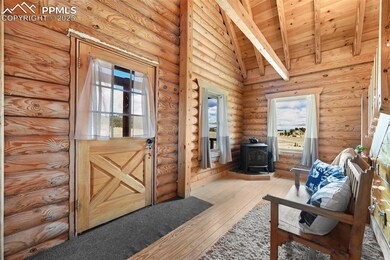 Entrance foyer featuring a wood stove, wood ceiling, hardwood / wood-style flooring, and rustic walls
