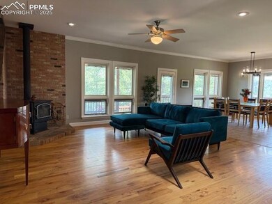 Family room with hardwood floors, crown molding,woodburner, huge Pella windows filling the room with light