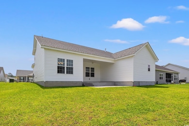 Rear view of house featuring a lawn and a shingled roof