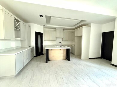 Kitchen featuring a tray ceiling, a sink, an island with sink, open shelves, and a breakfast bar