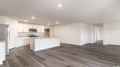 Kitchen with dark hardwood / wood-style floors, an