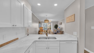 Kitchen with white dishwasher, a sink, decorative 