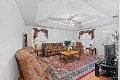 Living room with ceiling fan, a raised ceiling, and wood-type flooring
