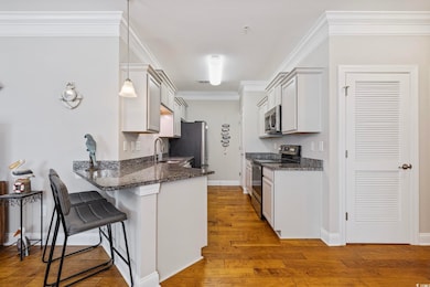 Kitchen with stainless steel appliances, a kitchen breakfast bar, a peninsula, wood finished floors, and dark stone countertops