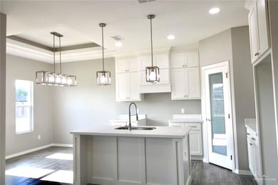Kitchen featuring dark wood-type flooring, baseboards, a sink, white cabinets, and a center island with sink