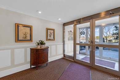 Entryway featuring carpet flooring, a decorative wall, a wainscoted wall, ornamental molding, and french doors