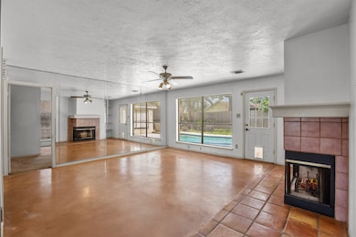 Living area with pool view.