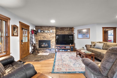 Living room featuring wood finished floors and a stone fireplace