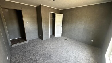 Unfurnished bedroom with carpet flooring, crown mo