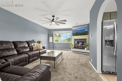 Living room with a glass covered fireplace, ceilin