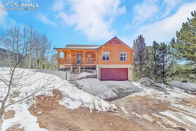 View of front of property with log exterior, a por