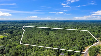 Aerial overview of property's location featuring a heavily wooded area and property parcel outlined
