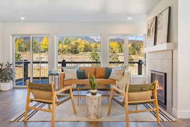 Seating area with fireplace.