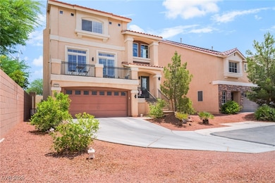Mediterranean / spanish-style house featuring a balcony, stucco siding, driveway, stone siding, and a garage
