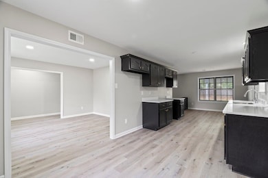 Kitchen with a sink, light wood-style floors, light countertops, baseboards, and dark cabinets