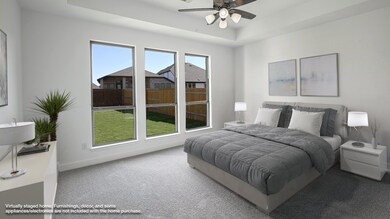 Carpeted bedroom with a raised ceiling and a ceiling fan