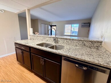 Kitchen with stainless steel dishwasher, dark brown cabinetry, light wood-type flooring, light stone countertops, and a wall mounted AC