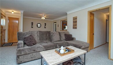 Carpeted living room with lighted ceiling fan.
