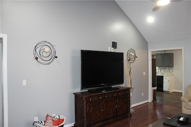 Living area featuring lofted ceiling, dark wood finished floors, and a ceiling fan