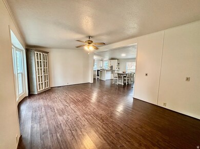 Unfurnished living room featuring a textured ceiling, dark wood finished floors, and ceiling fan