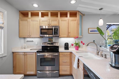 Kitchen featuring recessed lighting, a sink, stainless steel appliances, light brown cabinets, and tasteful backsplash