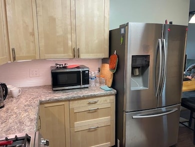 Kitchen featuring appliances with stainless steel finishes, light brown cabinetry, light stone counters, and dark wood finished floors