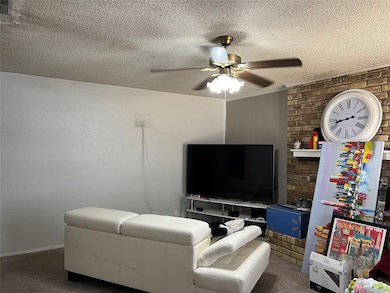 Carpeted living room featuring ceiling fan and a t