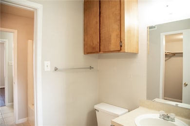 Bathroom with toilet, vanity, and tile patterned f