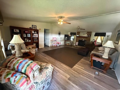 Living room featuring a ceiling fan, a textured ceiling, wood finished floors, a fireplace, and lofted ceiling ,  large enough - you can skate in!