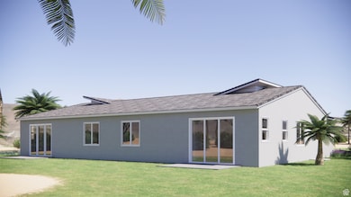 Back of house featuring stucco siding, a patio, a lawn, and roof with shingles